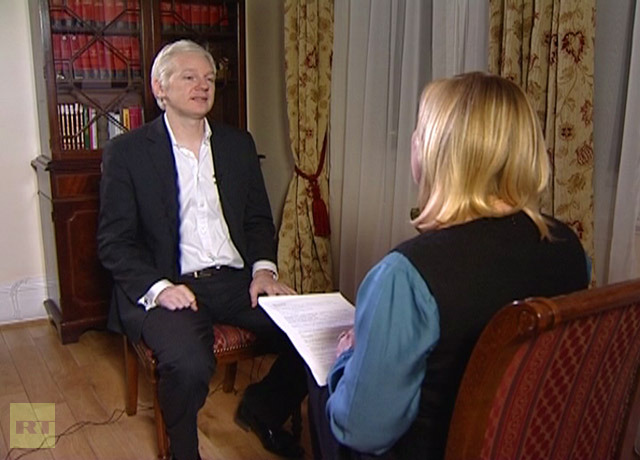 WikiLeaks founder Julian Assange talking to RTâ²s Laura Smith at the embassy of Ecuador in London, UK (video still)