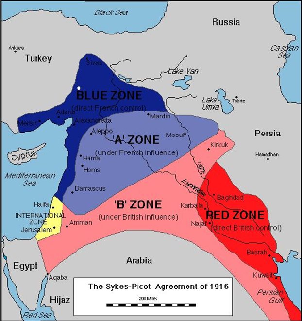 Οι αραβικές επαρχίες της καταρρέουσας Οθωμανικής Αυτοκρατορίας όπως χαράχθηκαν το 1916 με τη μυστική συμφωνία Σάικς-Πικό: με μπλε σκούρο η σημερινή Νότια Τουρκία ήταν υπό τον έλεγχο της Γαλλίας, με μπλε ανοικτό η σημερινή Συρία υπό γαλλική επιρρόη, με ροζ το σημερινό Ιράκ και η Ιορδανία υπό βρετανική επιρροή και με κόκκινο ενα κομμάτι του σημερινού Ιράν υπό βρετανικό έλεγχο